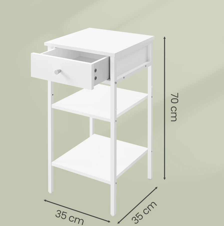 Songmics Naktinis staliukas su stalčiumi ir 2 lentynomis, 35,1 x 35,1 x 70,1 cm, baltas