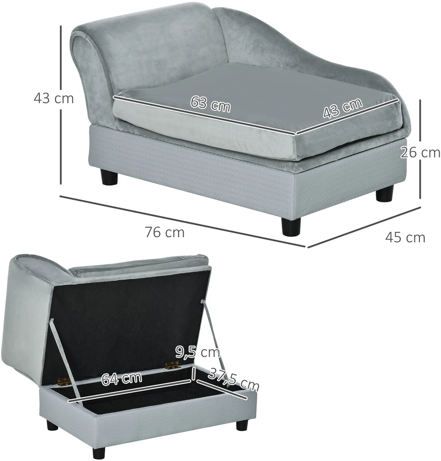 Aosom Naminių gyvūnų sofa su daiktadėže, šviesiai pilka, 76 x 45 x 43 cm