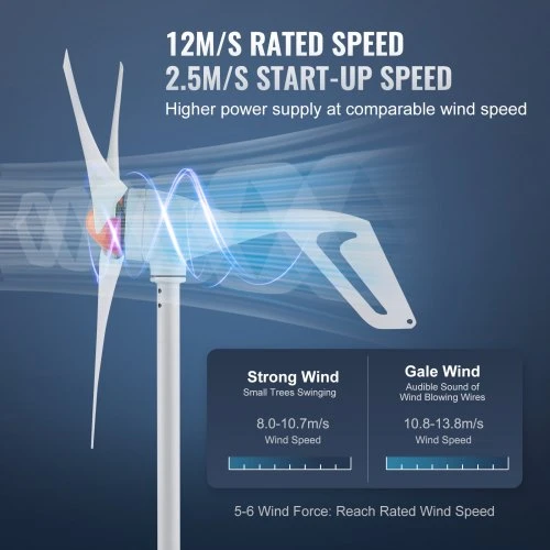 VEVOR Namų vėjo turbina 500 W, 12 V, 3 menčių, su anemometru ir MPPT valdikliu, 120 x 120 x 68 cm