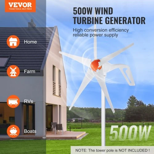 VEVOR Namų vėjo turbina 500 W, 12 V, 5 mentės, su MPPT valdikliu, 120 x 120 x 68 cm