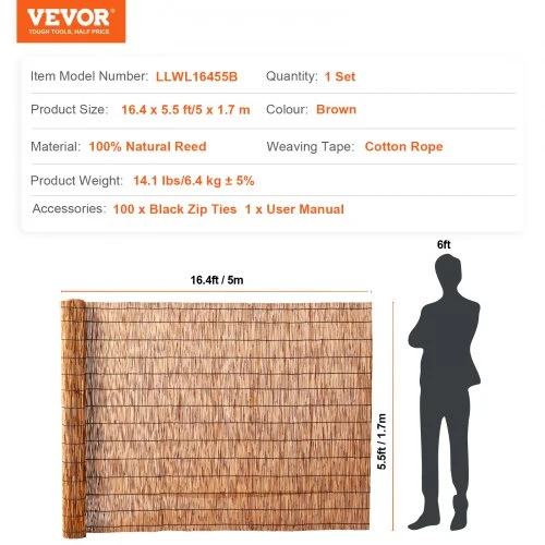 VEVOR Nendrių tvora, ruda, 5 x 1,7 m