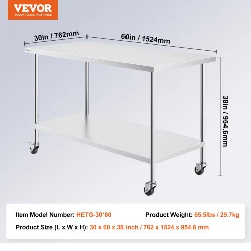 Koduva Nerūdijančio plieno darbo stalas VEVOR su 4 ratukais, sidabrinis, 152 x 76 x 95 cm
