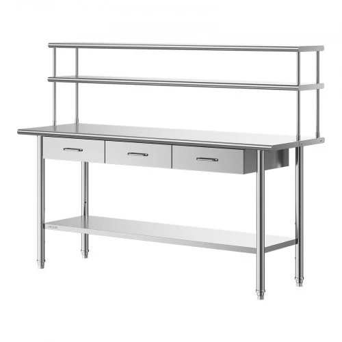 Koduva Nerūdijančio plieno darbo stalas VEVOR, su antlentynėmis ir 3 stalčiais, 61 x 183 cm