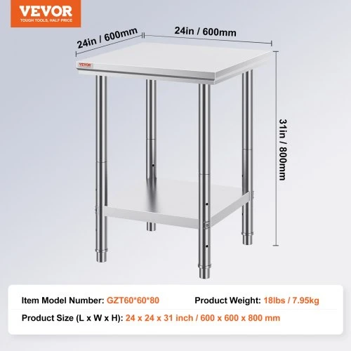 VEVOR Nerūdijančio plieno darbo stalas, 60 x 60 x 80 cm, iki 318 kg