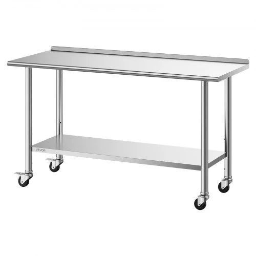 Koduva Nerūdijančio plieno darbo stalas VEVOR su ratukais ir borteliu, 61 x 152 cm