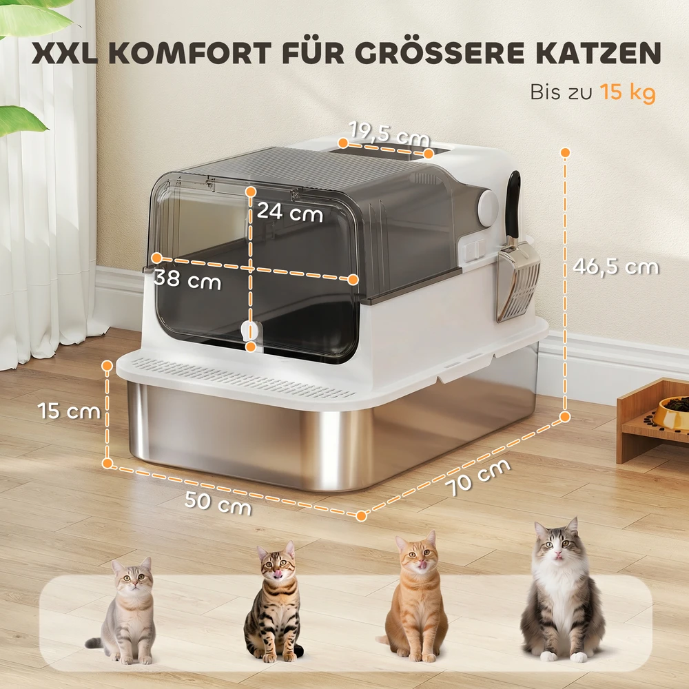Aosom Nerūdijančio plieno katės kraiko dėžė su dangčiu, XXL, balta, 72 l, iki 15 kg