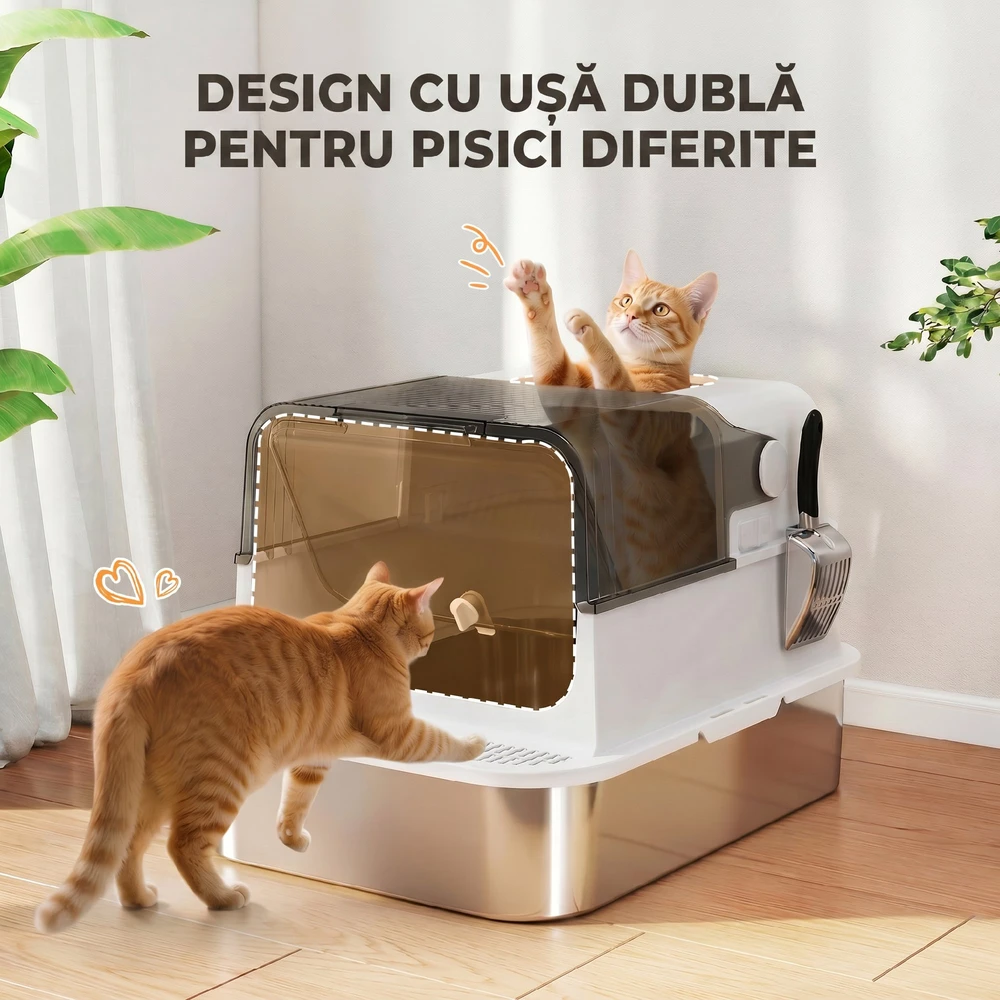 Aosom Nerūdijančio plieno katės kraiko dėžė su dangčiu, XXL, balta, 72 l, iki 15 kg