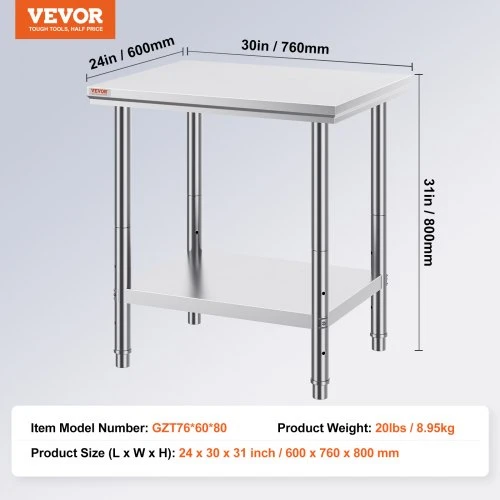 Koduva Nerūdijančio plieno paruošimo stalas VEVOR, 60 x 76 x 80 cm, iki 318 kg