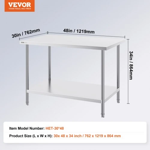 VEVOR Nerūdijančio plieno paruošimo stalas, 76 x 122 x 86 cm