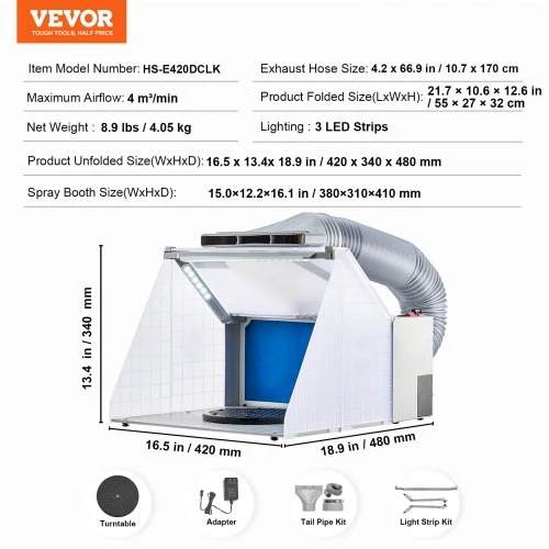 VEVOR Nešiojama aerografo dažymo kabina su LED apšvietimu, 48 x 42 x 34 cm