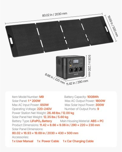VEVOR Nešiojama elektrinė M9 su 200 W saulės skydeliu, 1008 Wh, 1800 W