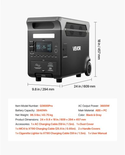 VEVOR Nešiojama elektros stotis Q3600Pro, 3600 W, 3840 Wh, juoda ir pilka, 61 x 29 x 46 cm