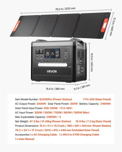 VEVOR Nešiojama saulės energijos stotis, 2400 W, su 200 W sulankstomu saulės skydeliu, 2160 Wh