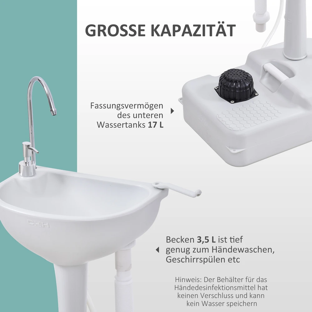 Aosom Nešiojamas rankų plautuvė su ratukais, HDPE, šviesiai pilka, 51 x 33,5 x 103 cm