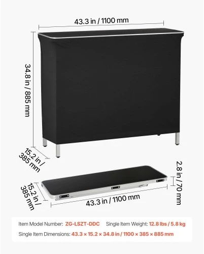 VEVOR Nešiojamas sulankstomas baro stalas, 110 x 39 x 89 cm, su nešiojimo krepšiu, lentyna ir nuimamu uždangalu