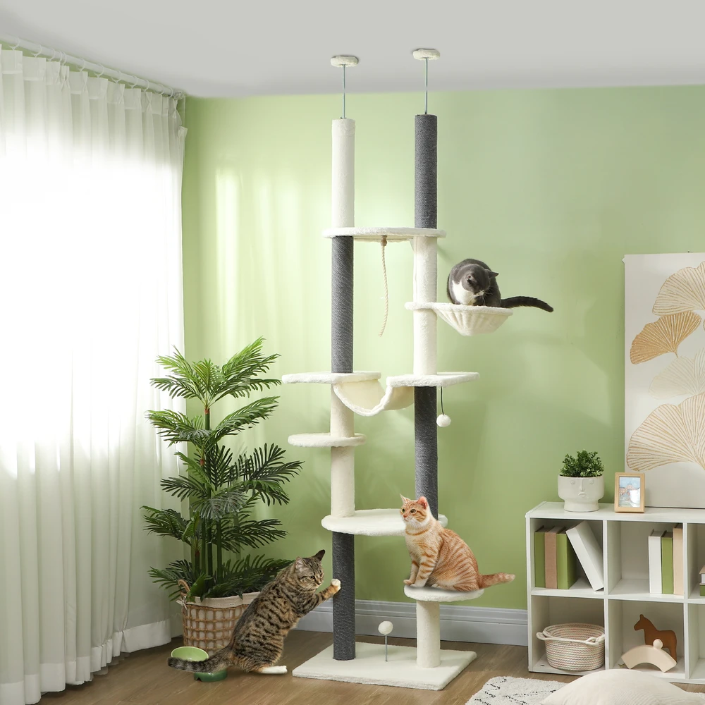 Aosom Nuo grindų iki lubų draskyklė katei, reguliuojama 225-255 cm, platformos ir hamakai, apsauga nuo apvirtimo, balta