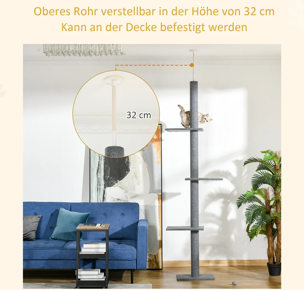 Aosom Nuo grindų iki lubų siekiantis kačių draskymo stulpas, pilkas, 228-260 cm