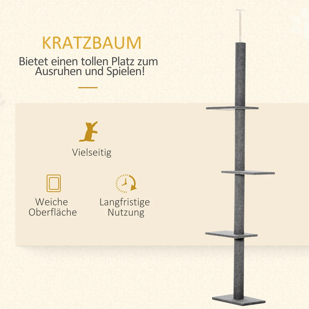 Aosom Nuo grindų iki lubų siekiantis kačių draskymo stulpas, pilkas, 228-260 cm
