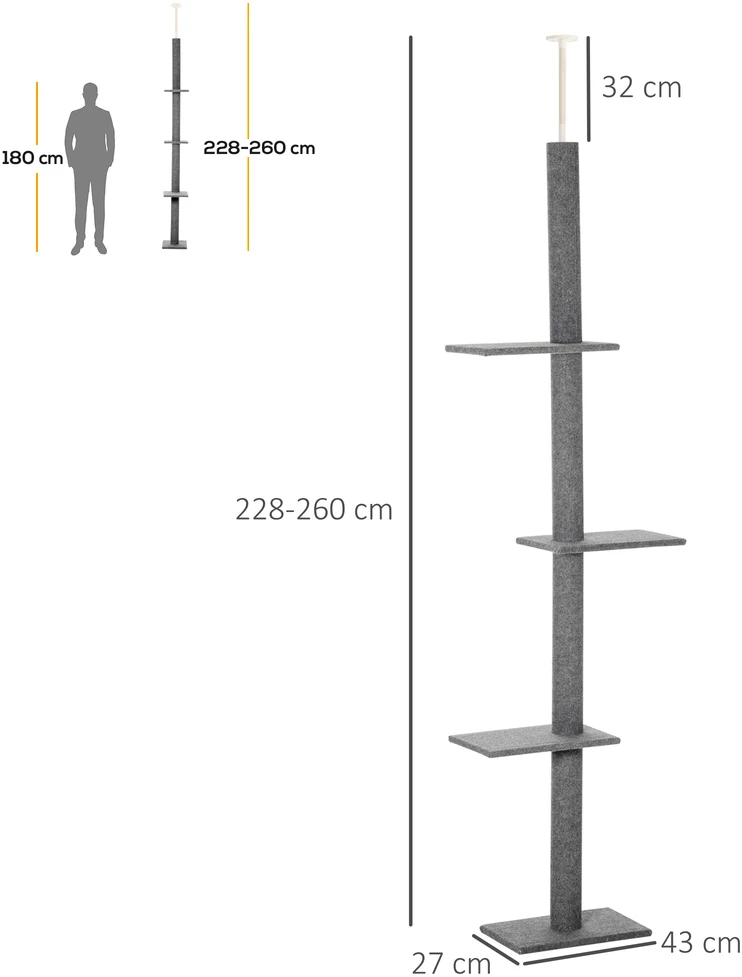 Aosom Nuo grindų iki lubų siekiantis kačių draskymo stulpas, pilkas, 228-260 cm