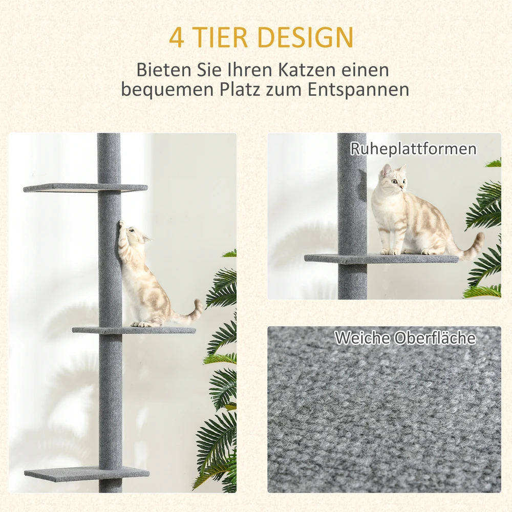 Aosom Nuo grindų iki lubų siekiantis kačių draskymo stulpas, pilkas, 228-260 cm