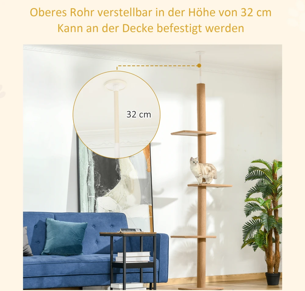 Koduva Nuo grindų iki lubų tvirtinamas kačių draskyklės bokštas, šviesiai rudas, 228-260 cm