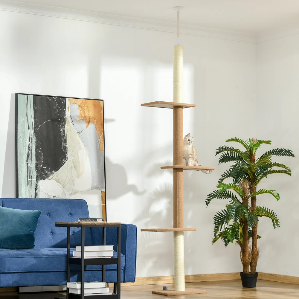 Aosom Nuo grindų iki lubų tvirtinamas kačių draskymo stulpas, 228-260 cm, khaki