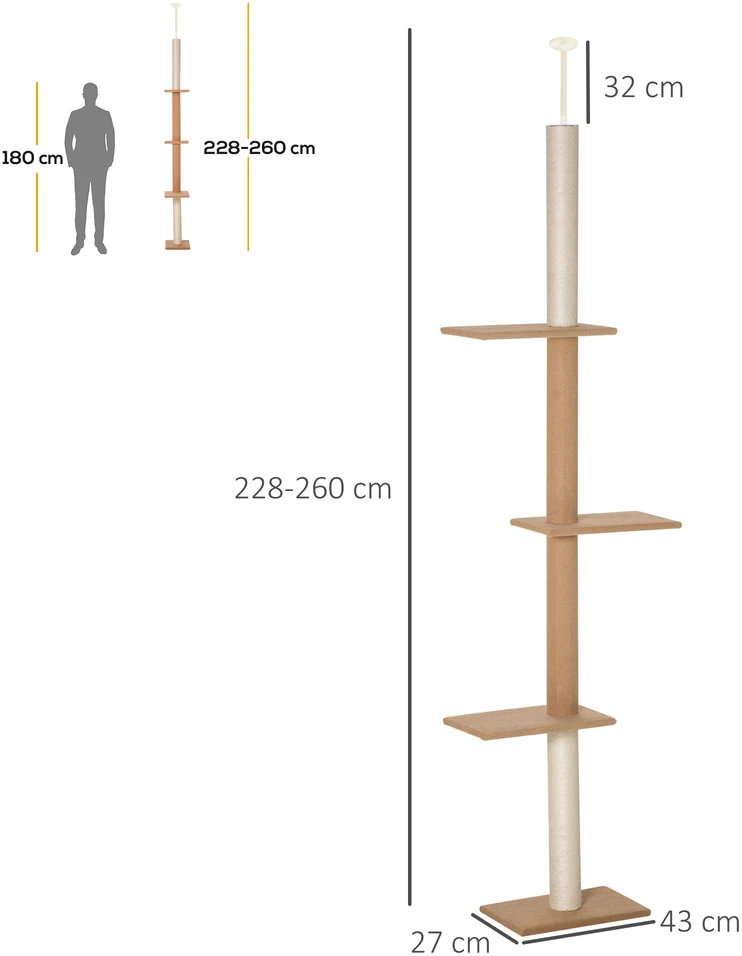 Aosom Nuo grindų iki lubų tvirtinamas kačių draskymo stulpas, 228-260 cm, khaki