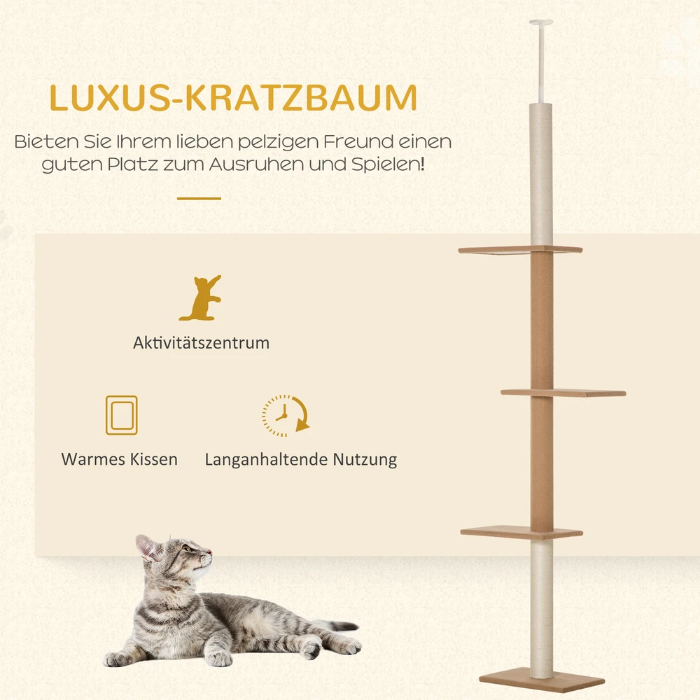 Aosom Nuo grindų iki lubų tvirtinamas kačių draskymo stulpas, 228-260 cm, khaki