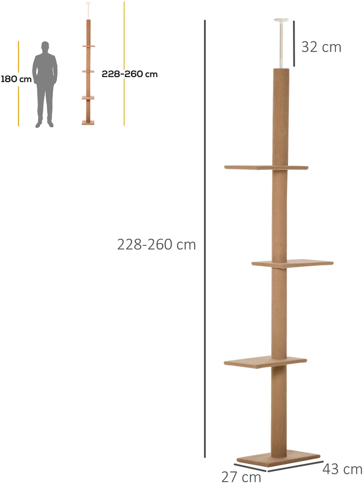 Koduva Nuo grindų iki lubų tvirtinamas kačių draskyklės bokštas, šviesiai rudas, 228-260 cm