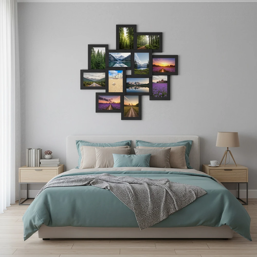 Nuotraukų rėmelis Songmics Nuotraukų rėmelių koliažas, 12 rėmelių 10 x 15 cm nuotraukoms, juodas, 63,3 x 3,6 x 63,3 cm