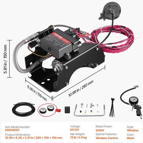 VEVOR Oro amortizatorių valdymo rinkinys D0836001, belaidis, 12 V, 6,9 bar, juodas