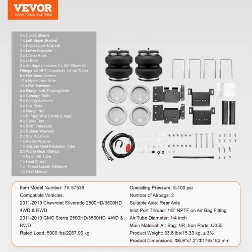 VEVOR Oro pagalvių pakabos komplektas, 2 vnt., 2268 kg, skirtas 2011-2019 Chevrolet Silverado 2500HD/3500HD ir GMC Sierra 2500HD/3500HD 4WD/RWD