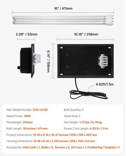 VEVOR Ortakio oro valytuvas 2112-UV36, 36 W, juodas, su 1 atsargine lempute