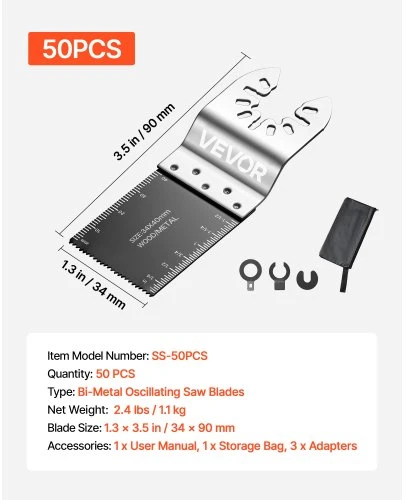 VEVOR Osciliacinio įrankio pjūklelių rinkinys SS-50PCS, bi-metal, 50 vnt., 34 x 90 mm