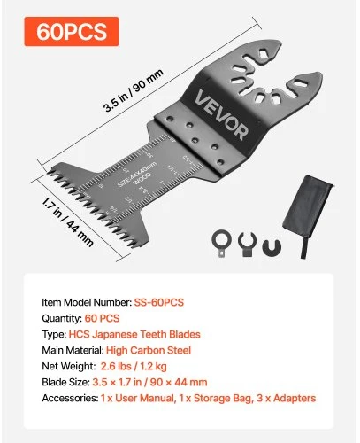 VEVOR Osciliacinio įrankio pjūklelių rinkinys SS-60PCS, 60 vnt., japoniški dantys, 90 x 44 mm