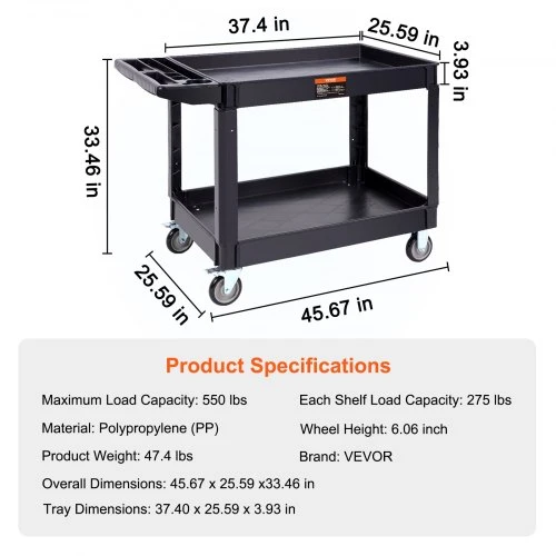 Koduva Pagalbinis vežimėlis VEVOR JY-UC02C, 2 lentynų, PP, iki 249,5kg, 116 x 65 x 85 cm