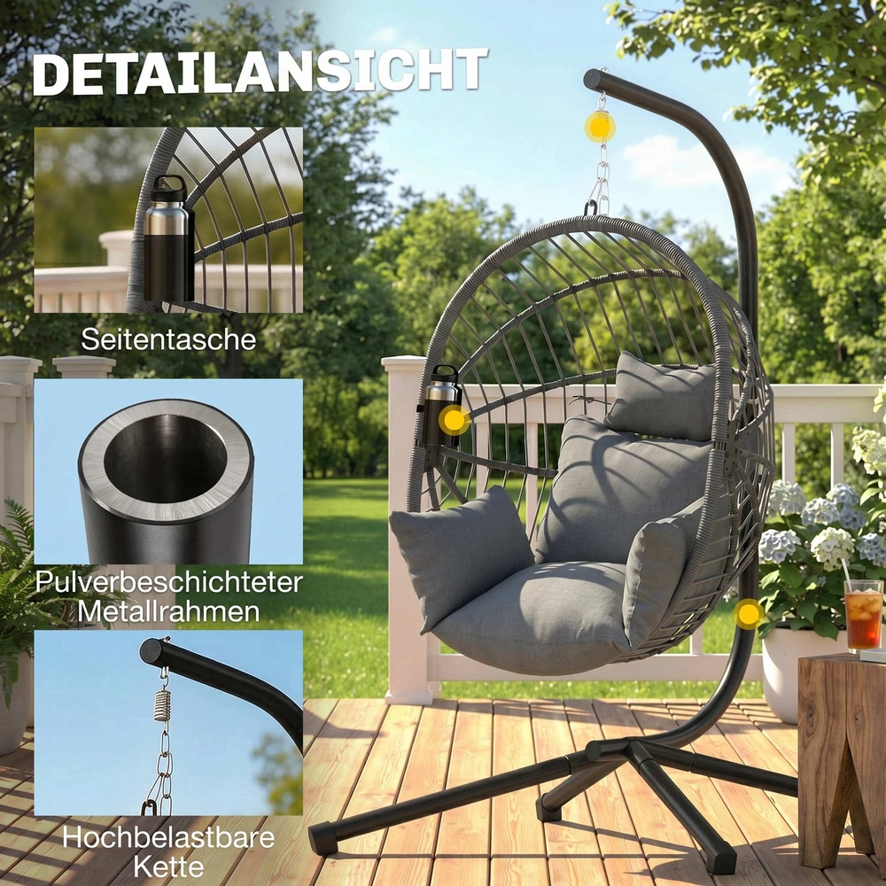 Aosom Pakabinama kėdė Egg Chair, su pagalvėle, pilka, 120 x 106 x 188 cm