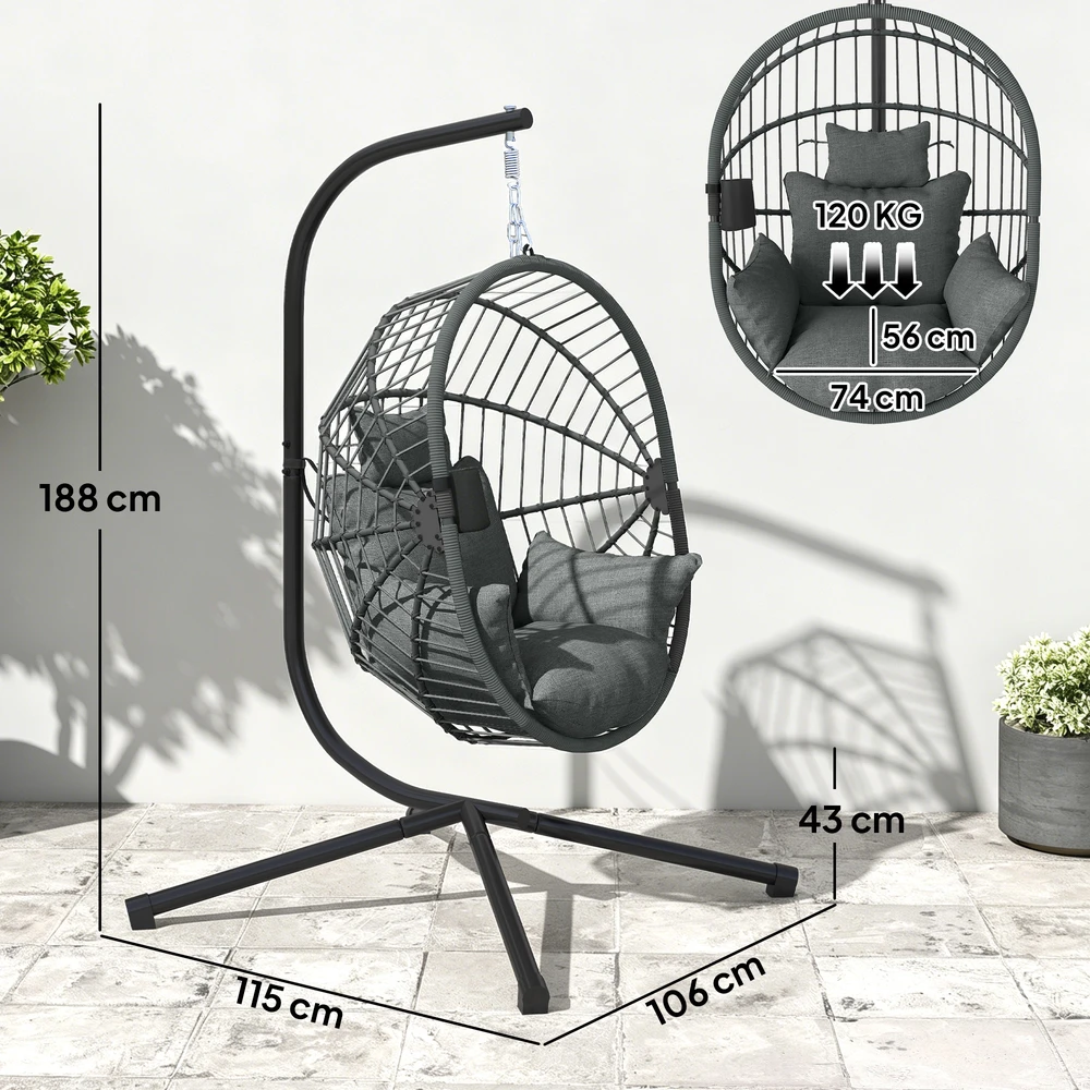 Aosom Pakabinama kėdė Egg Chair, su pagalvėle, pilka, 120 x 106 x 188 cm
