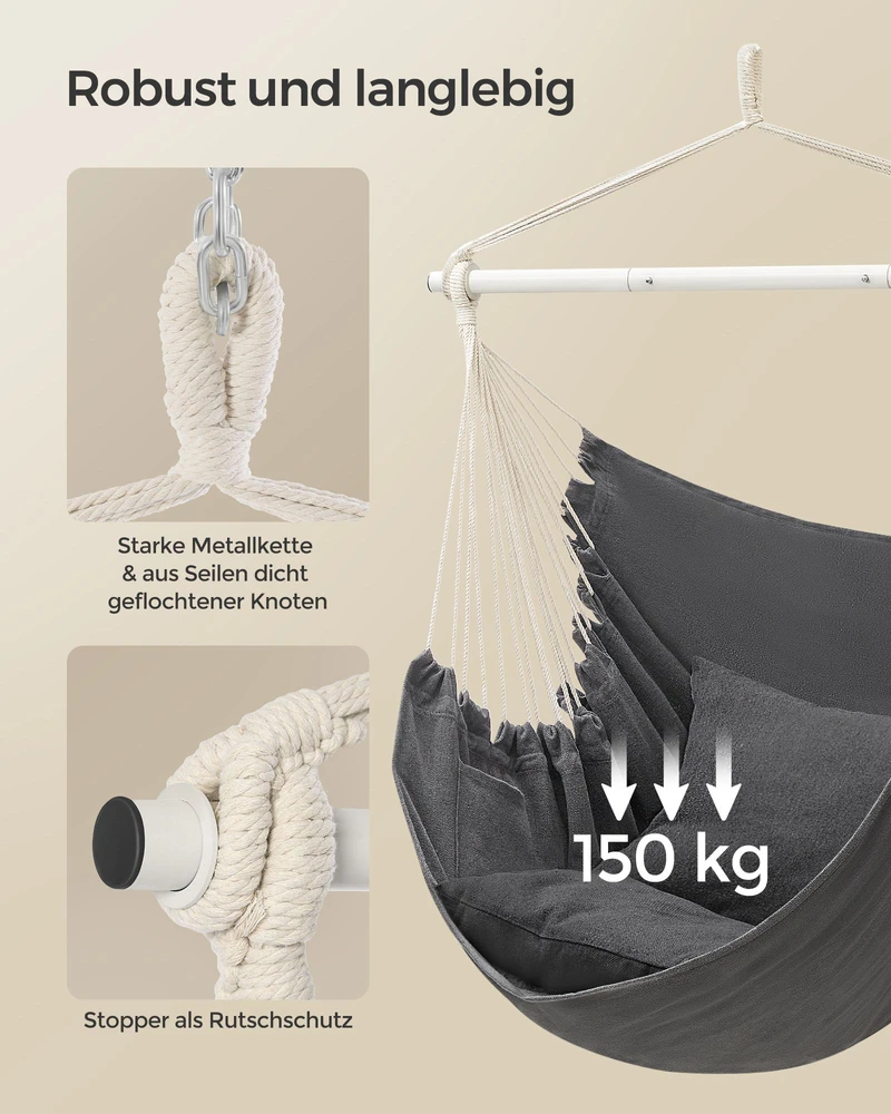 Koduva Pakabinama kėdė su 2 pagalvėlėmis ir metaline grandine, pilkai skalūno spalvos, 140 cm