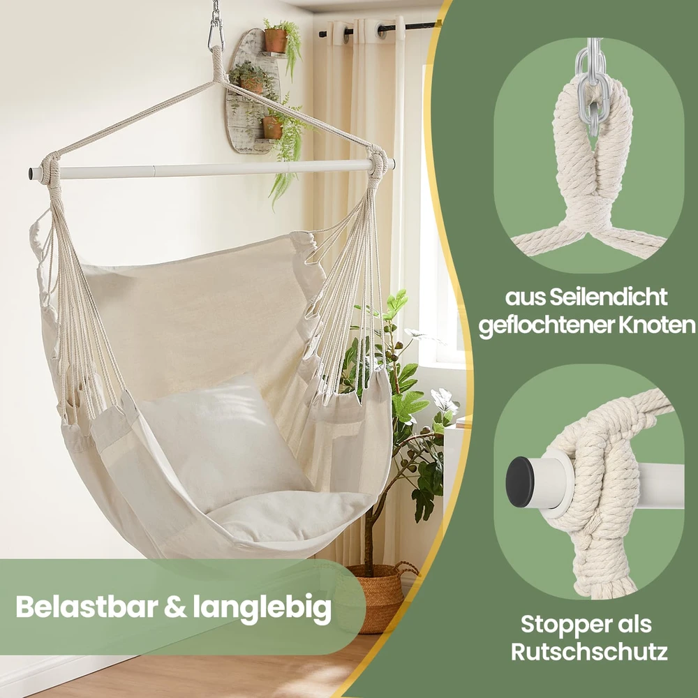 Koduva Pakabinama kėdė su 2 pagalvėlėmis, 140 cm, iki 150 kg, kreminės baltos spalvos