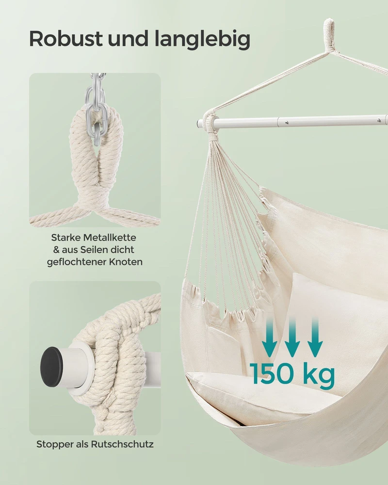Koduva Pakabinama kėdė su 2 pagalvėlėmis ir metaline grandine, kreminės baltos spalvos, 140 cm