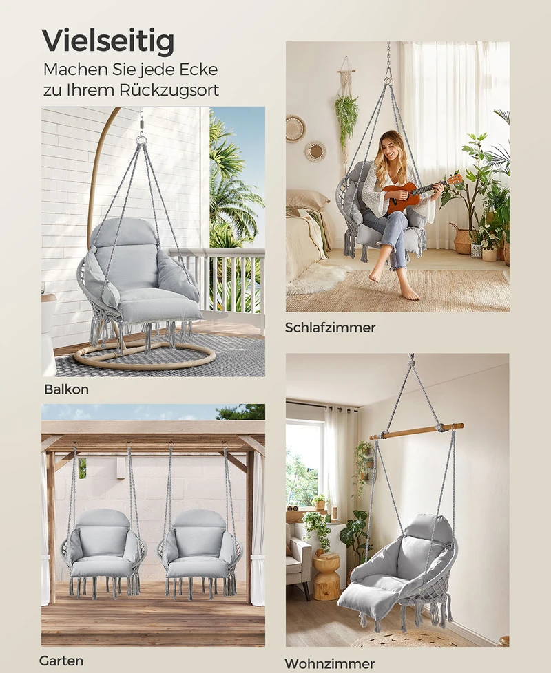 Koduva Pakabinama kėdė su stora pagalve, pilkai rusva, plienas ir audinys, 113 cm
