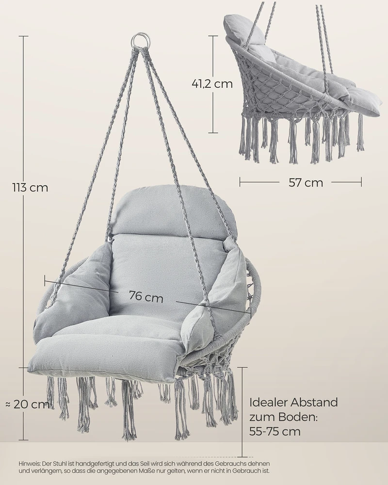 Koduva Pakabinama kėdė su stora pagalve, pilkai rusva, plienas ir audinys, 113 cm