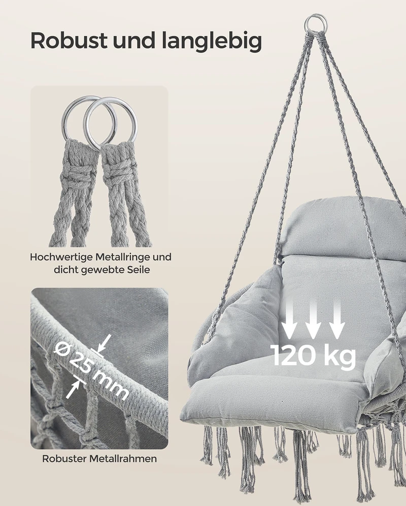 Koduva Pakabinama kėdė su stora pagalve, pilkai rusva, plienas ir audinys, 113 cm