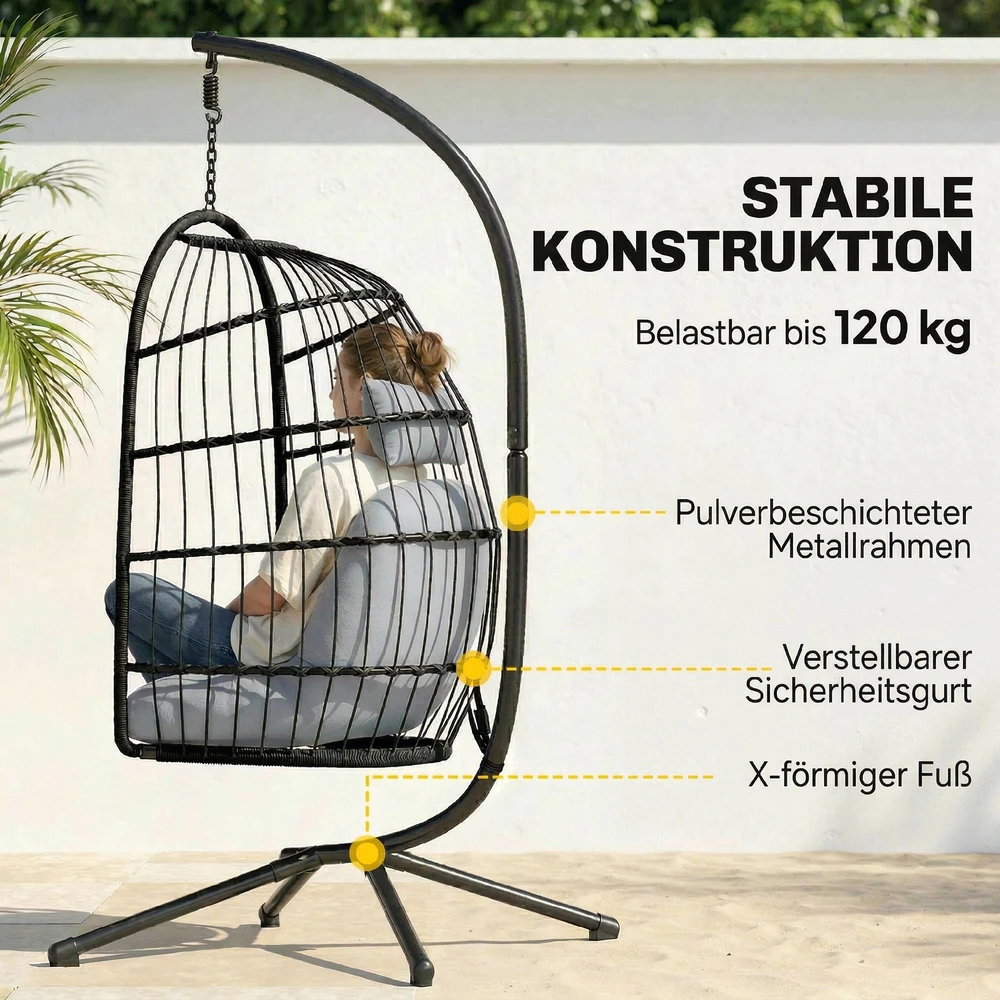 Aosom Pakabinamas krėslas su stovu, sulankstomas, juodas, šviesiai pilkas, 120 kg