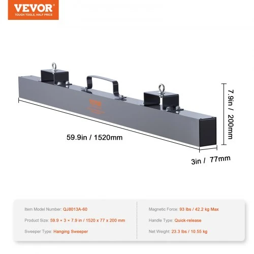 Koduva Pakabinamas magnetinis šluotuvas VEVOR QJ8013A-60, plieno, iki 42,2kg, 152 x 7,7 x 20 cm