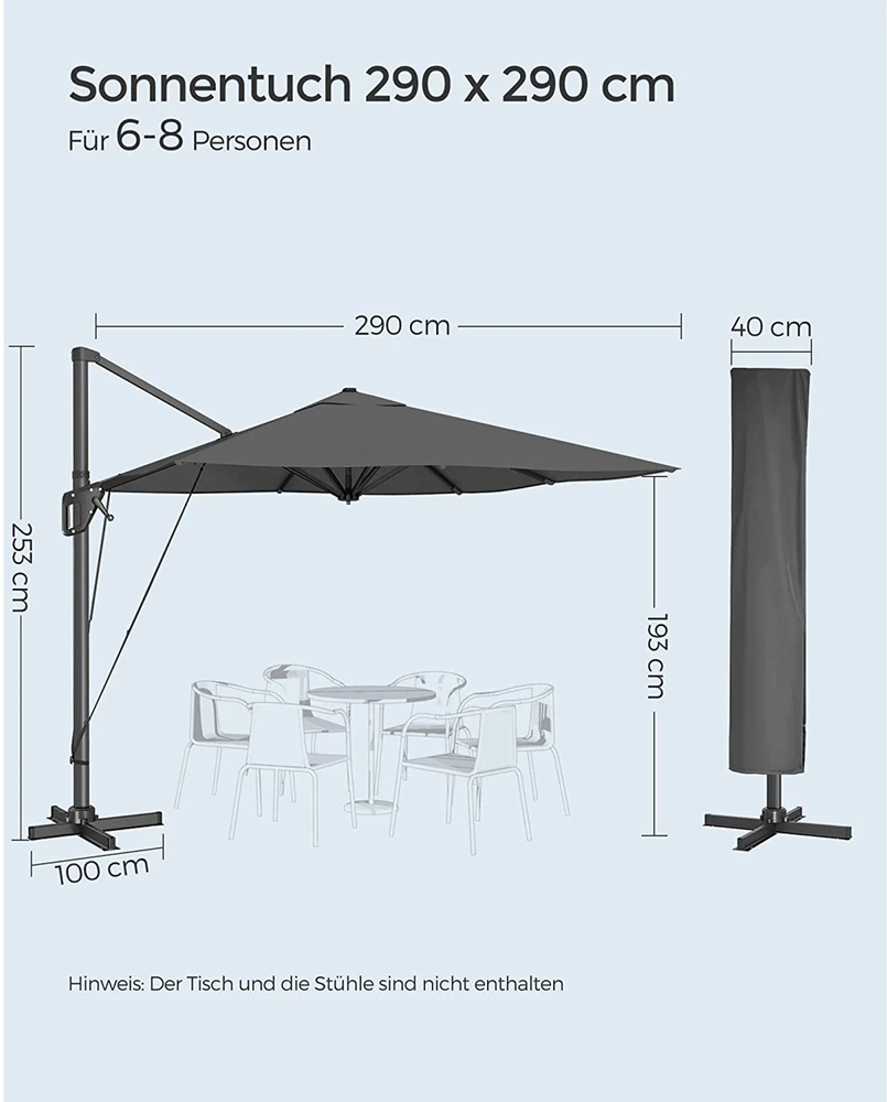 Songmics Pakabinamas skėtis nuo saulės, 290 x 290 cm, pasukamas 360°, dūmų pilkas