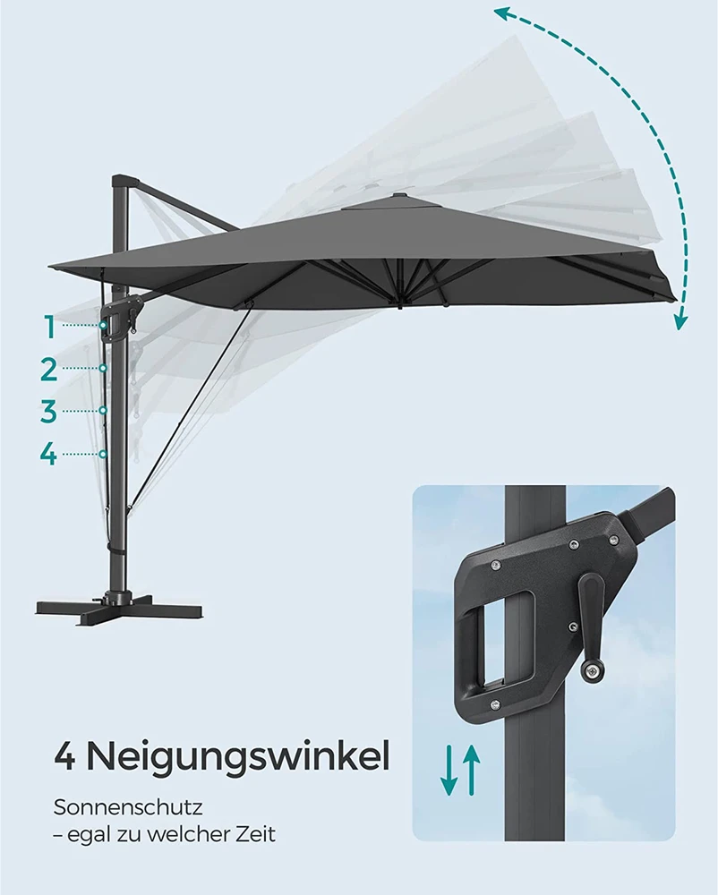 Songmics Pakabinamas skėtis nuo saulės, 290 x 290 cm, pasukamas 360°, dūmų pilkas
