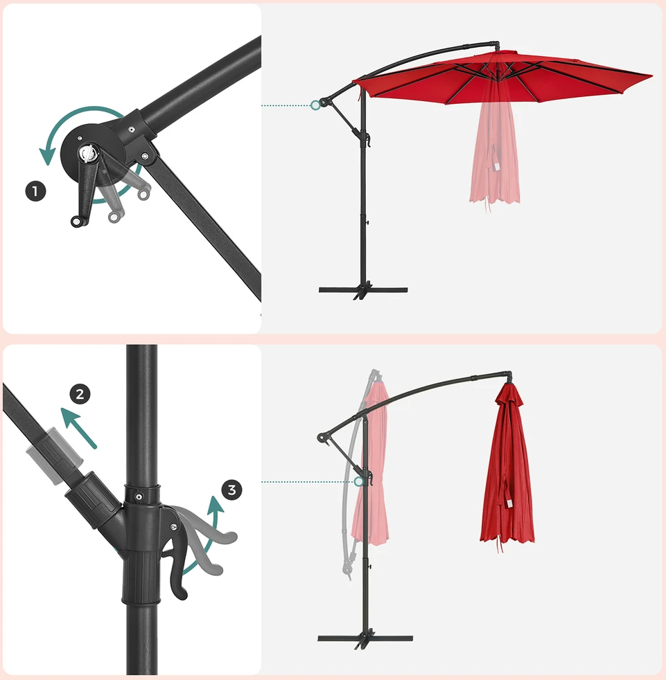 Songmics Pakabinamas sodo skėtis su stovu, Ø 300 cm, raudonas, metalas ir poliesteris