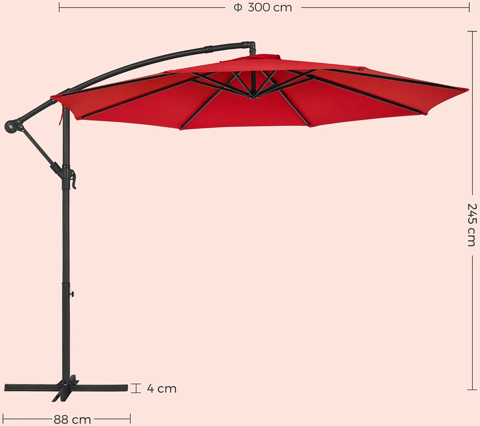 Songmics Pakabinamas sodo skėtis su stovu, Ø 300 cm, raudonas, metalas ir poliesteris